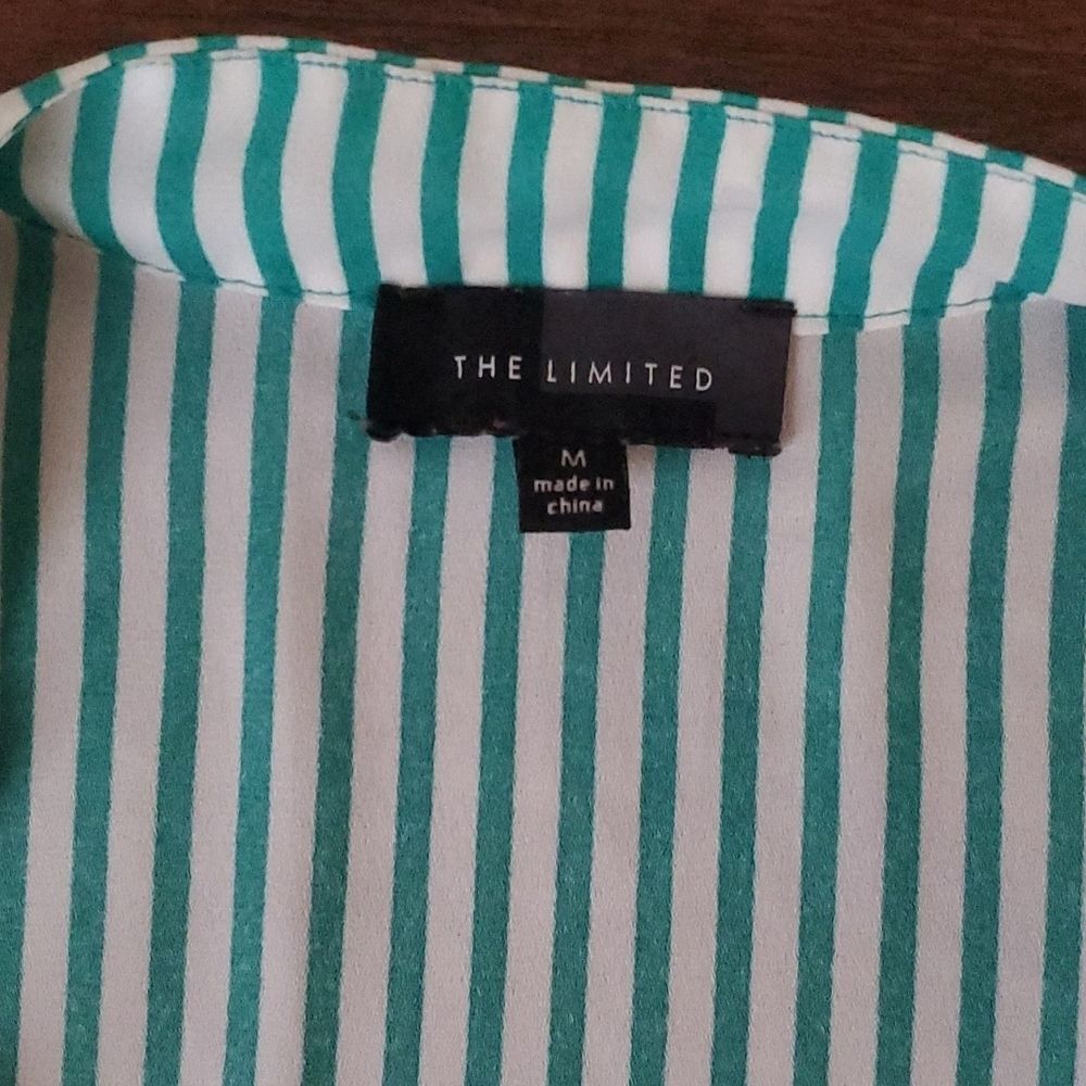 The Limited Teal Green Vertical Striped Tie Neck Blouse Size Medium 3/4 Sleeve - Picture 6 of 10